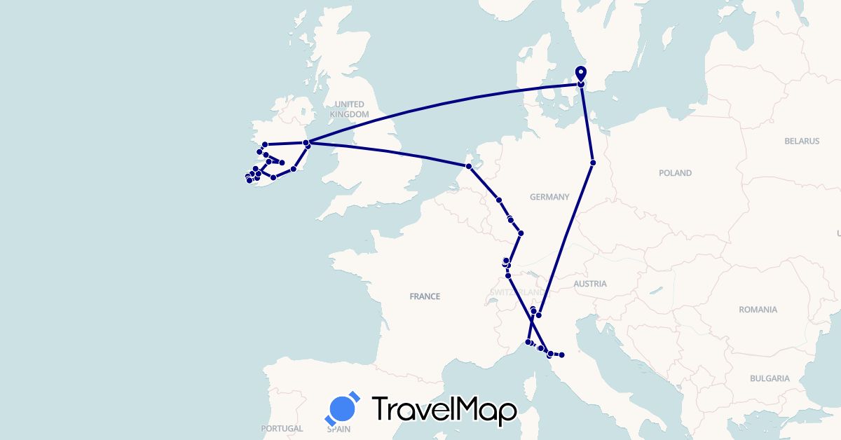 TravelMap itinerary: driving in Switzerland, Germany, Denmark, France, Ireland, Italy, Netherlands (Europe)